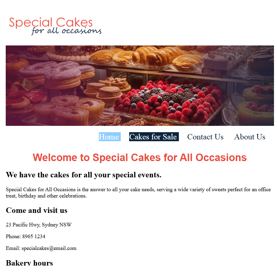 Special Cakes business website screenshot