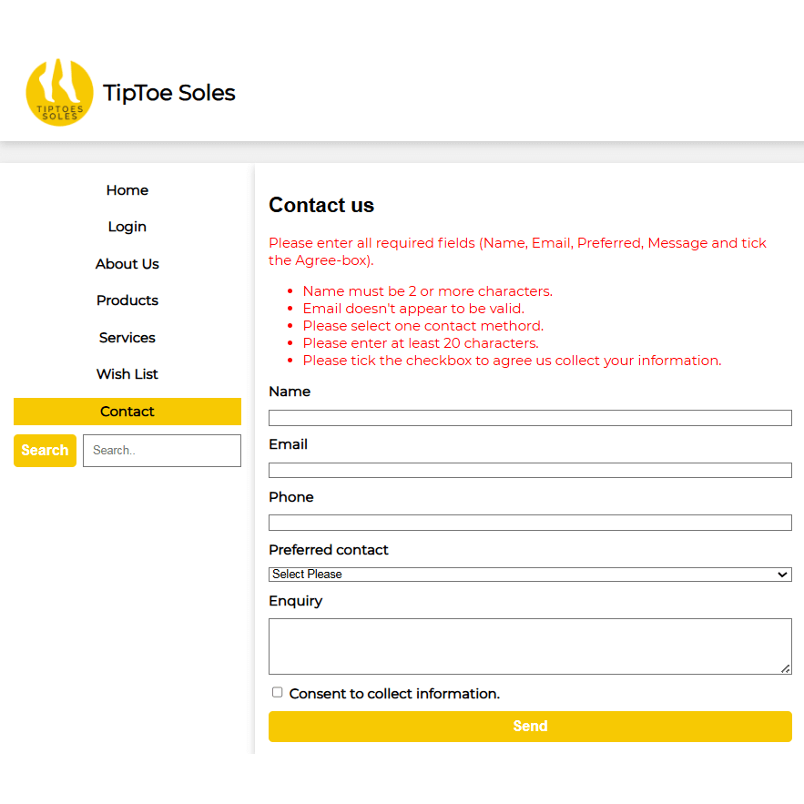 Tiptoe Company Website contact page screenshot